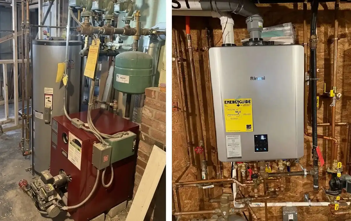 Before and after boiler replacement: old cast iron boiler and new high-efficiency Rinnai combi boiler installation in Boston