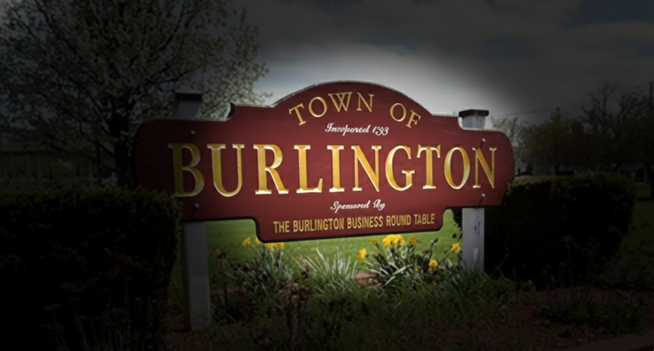 Welcome to Burlington, Massachusetts sign marking our local water heater service area
